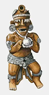Illustration of Guatemalan pottery incense burner representing Maya god holding human head on plate