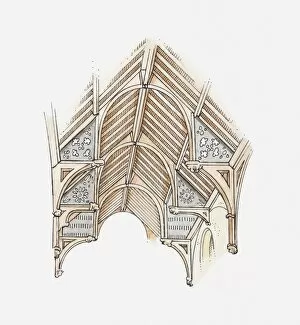 Illustration of a hammerbeam roof, Church of St Botolph, Trunch, Norfolk, England