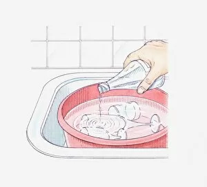 Illustration of a hand adding a little vinegar to a washing-up bowl containing glasses in order to cut through grease