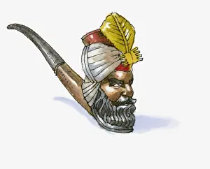 Sultan Prints: Illustration of hand-carved pipe with bowl in shape of sultans head