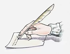 Illustration of hand writing with quill