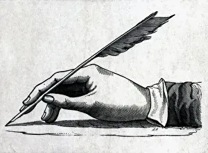 Hands Prints: Illustration of a Hand Writing with a Quill Pen