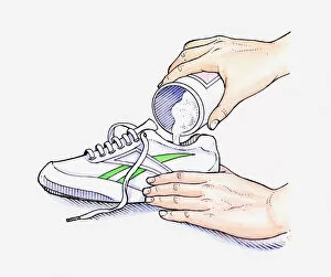 Illustration of hands pouring bicarbonate of soda into a shoe to deodorise it