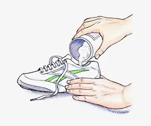 Instructor Prints: Illustration of hands pouring bicarbonate of soda into a shoe to deodorise it