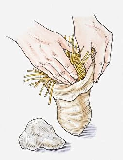 Illustration of hands stuffing sack with barley straw next to a rock, the rock is then attached to the sack