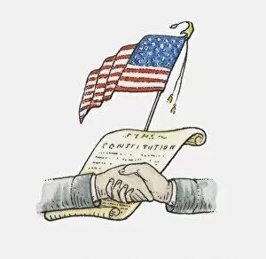 Studio Image Gallery: Illustration of handshake in front of US Constitution and American flag