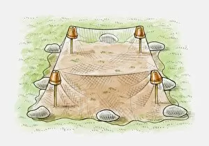 Illustrative Technique Gallery: Illustration of hanging lightweight netting above newly sown grass to prevent birds from eating seed