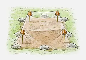 Protection Prints: Illustration of hanging lightweight netting above newly sown grass to prevent birds from eating seed