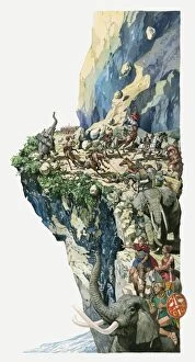 Images Dated 9th March 2010: Illustration of Hannibal and his men crosses the alps with elephants and horses