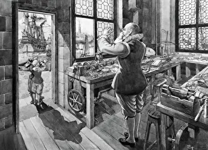 Invention Prints: Illustration of Hans Lippershey Working on His Telescope