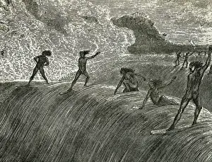 Hawaiian Prints: Illustration of Hawaiian Natives Surfing On High Wave