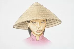 Illustration, head of young woman wearing a Nonla, traditional Vietnamese conical hat