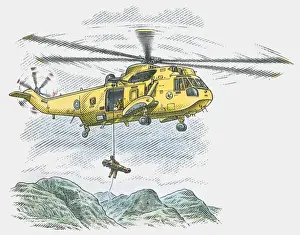 Physical Injury Prints: Illustration of helicopter rescuing injured man from mountain