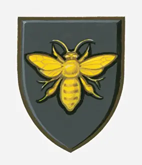 Shield Prints: Illustration of heraldic symbol of bee on shield representing efficient industry