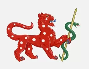 Illustration of heraldic symbol of red spotted lion holding green snake representing courage