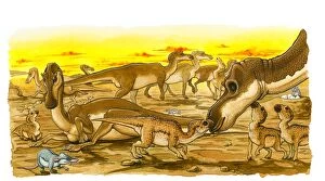 Illustration of herd of adult and young Hypsilophodon dinosaurs, with prehistoric rats scavenging for eggs on ground