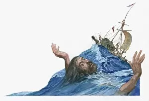 Illustration of Herman Watzinger almost drowning in rough sea near Kon-Tiki raft