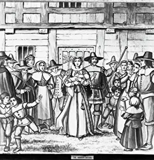 New England Prints: Illustration of Hester Prynne Carrying Her Baby