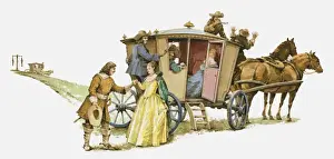 Illustration of highwayman Claude Duval greeting female passenger as men attack carriage