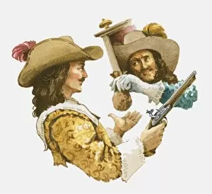 Images Dated 12th March 2010: Illustration of highwayman holding handgun as he takes bag of gold coins from aristocrat