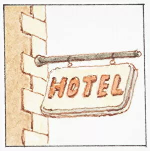 Images Dated 11th July 2011: Illustration of hotel sign blown by wind on side of building