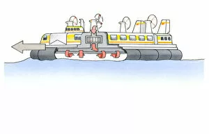 Images Dated 31st October 2008: Illustration of hovercraft with cross-section showing propellers blowing warm air under hull to