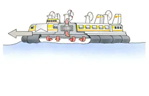 Propeller Prints: Illustration of hovercraft with cross-section showing propellers blowing warm air under hull to move vessel forward