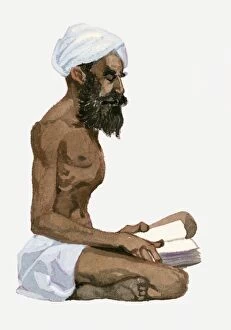 Images Dated 12th March 2010: Illustration of Ibn Battuta sitting on floor reading praying