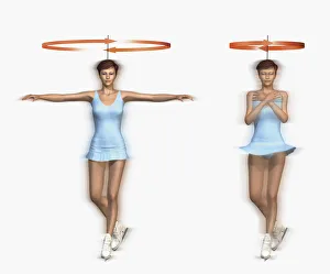 Illustration of ice skater starting to spin, then increasing rate of spin to maintain angular moment Images Dated 24th November 2009: Illustration of ice skater starting to spin, then increasing rate of spin to maintain angular moment