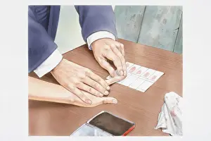 Order Prints: Illustration, index finger being pressed down on chart of fingerprints