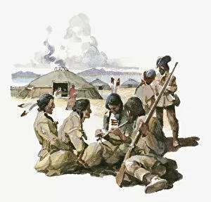 Incidental People Collection: Illustration of Indians and colonials in camp with rifles