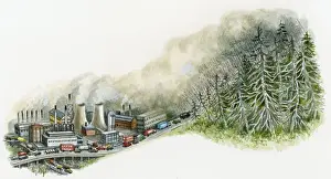 Air Pollution Prints: Illustration of industrial pollution spreading from city to trees above