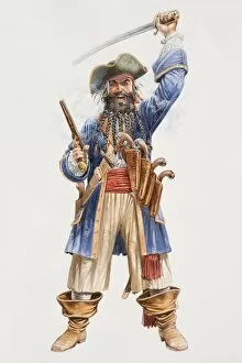 Illustration, the infamous pirate Blackbeard hurling sword above his head in one hand and holding pistol in the other
