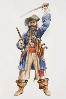 Crime Prints: Illustration, the infamous pirate Blackbeard hurling sword above his head in one hand and holding pistol in the other