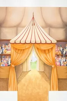 Illustration, interior view of curtained entrance to circus tent, audience sitting on both sides dressed in Victorian