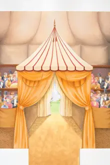 Clowns Prints: Illustration, interior view of curtained entrance to circus tent