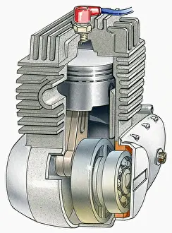 Internal Prints: Illustration of internal combustion engine with cross section showing piston and crank