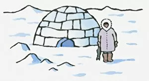 Images Dated 28th March 2011: Illustration of Inuit standing outside igloo holding fish