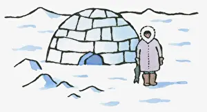 Arctic Prints: Illustration of Inuit standing outside igloo holding fish