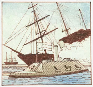 Images Dated 30th June 2011: Illustration of iron ship and flagship at sea during American Civil War