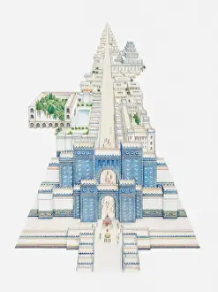 Illustration of Ishtar Gate and other buildings along Processional Way in ancient city of Babylon