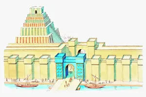 Illustration of Ishtar Gate and Ziggurat in ancient city of Babylon