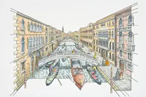 Carnival Prints: Illustration, Italy, Venice, people in historic carnival costume strolling alongside canal
