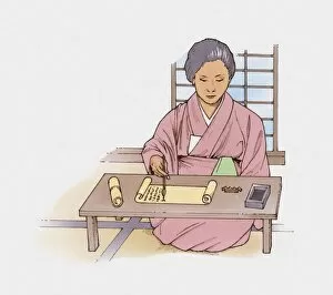 Illustration of Japanese woman writing with ink pen on scroll
