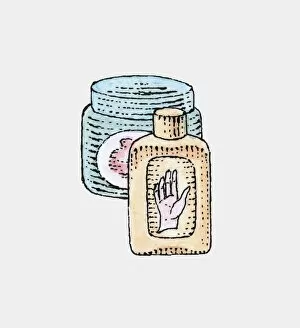 Images Dated 3rd November 2009: Illustration of jar and bottle of moisturizers