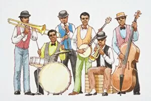 Group Of People Gallery: Illustration, jazz band, six men wearing bow ties and waistcoats playing trumpet, trombone, drums