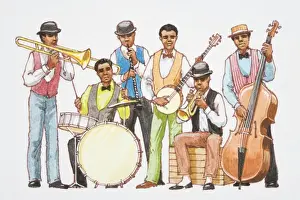 Blues Prints: Illustration, jazz band, six men wearing bow ties and waistcoats playing trumpet