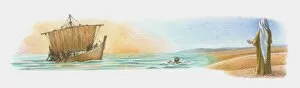 Illustration of Jesus standing on sand as ship and man in water approach shore