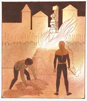 15th Century Prints: Illustration of Joan of Arc being burned at the stake as executioner holds torch and man lifts straw to fuel fire