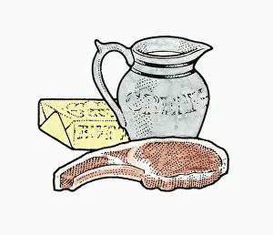 Cream Prints: Illustration of jug of fresh cream, raw pork chop and packet of butter